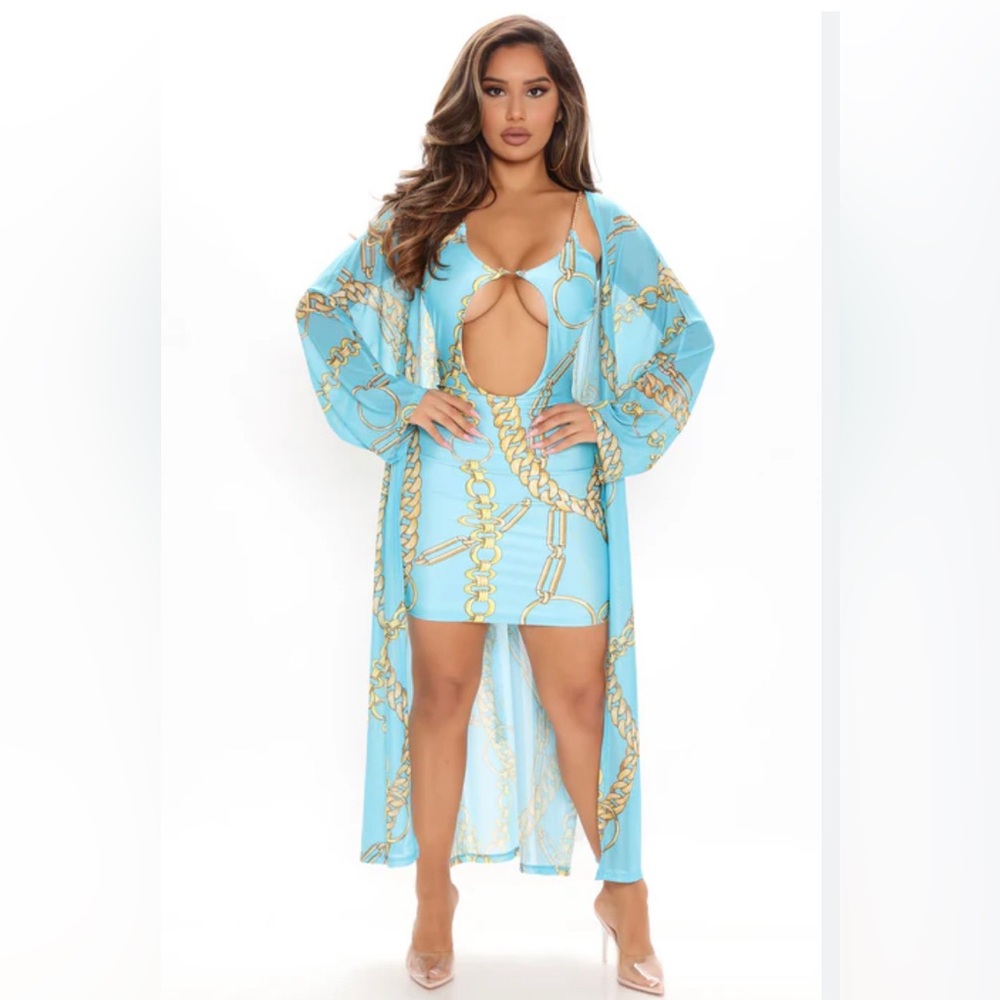Blue with gold chain, dress set, Fashion Nova